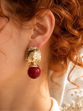 Gold Hammered Drop Earrings with Deep Red Orb